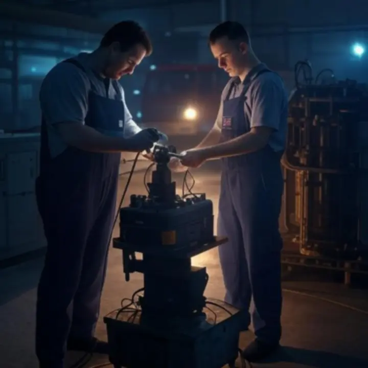 Zespół serwisowy reagujący na nagłą awarię w zakładzie przemysłowym