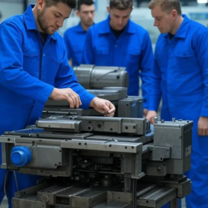 Zespół serwisantów przemysłowych podczas naprawy linii technologicznej