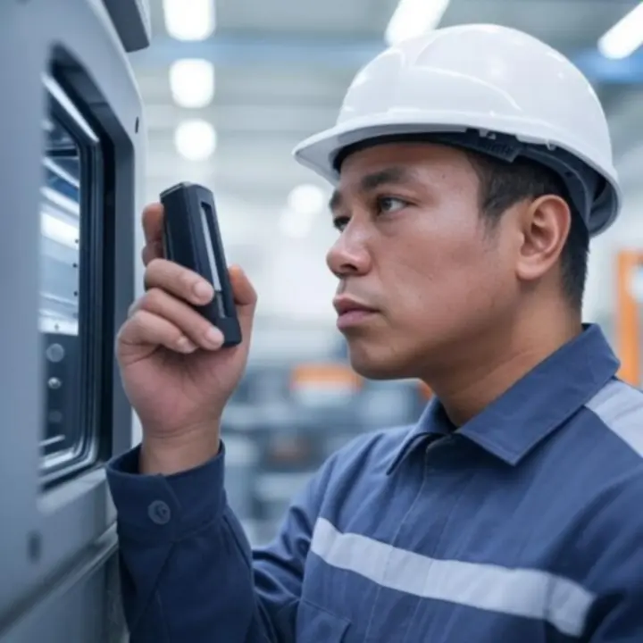 Technik wykonujący przegląd prewencyjny urządzeń przemysłowych